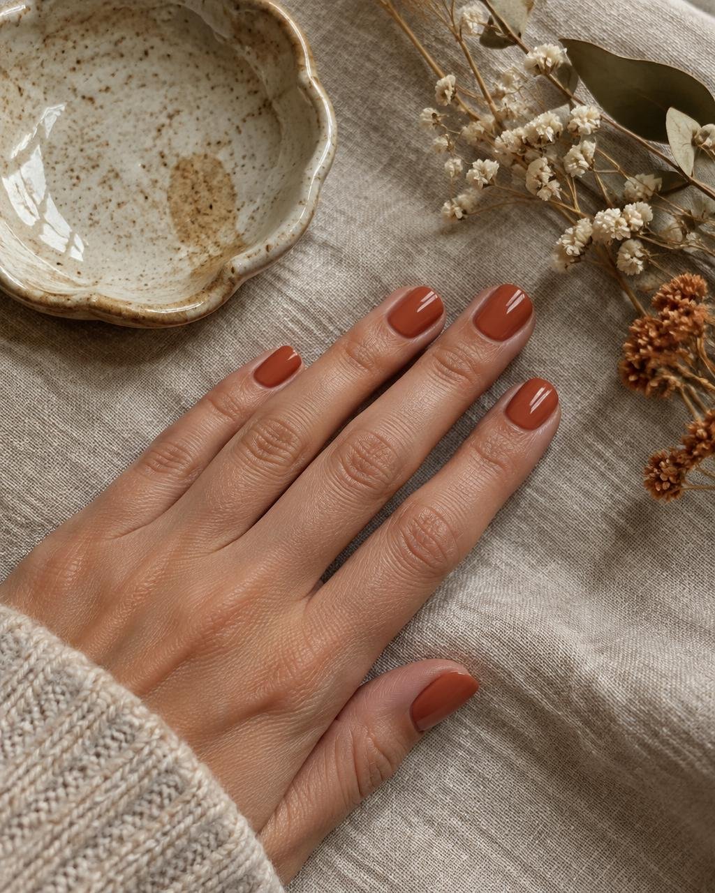 Terracotta rounded nails on linen with dried flowers and ceramics