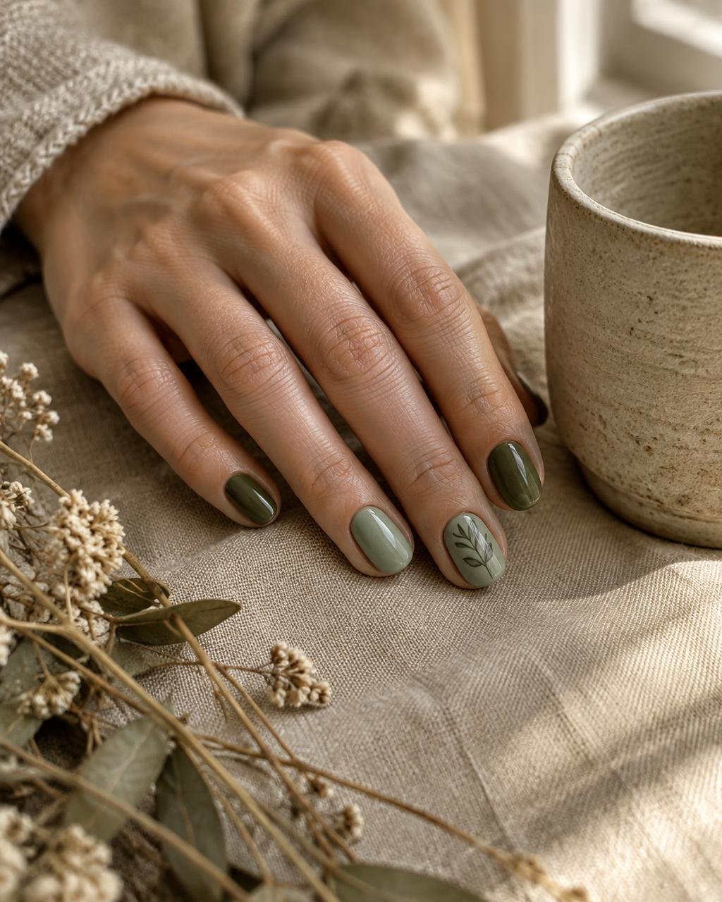 Olive and sage oval nails with botanical art beside a ceramic cup