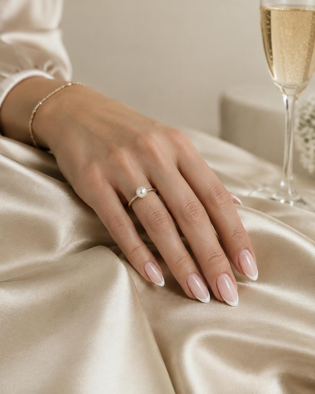 Milky French almond nails with pearl jewelry on champagne silk