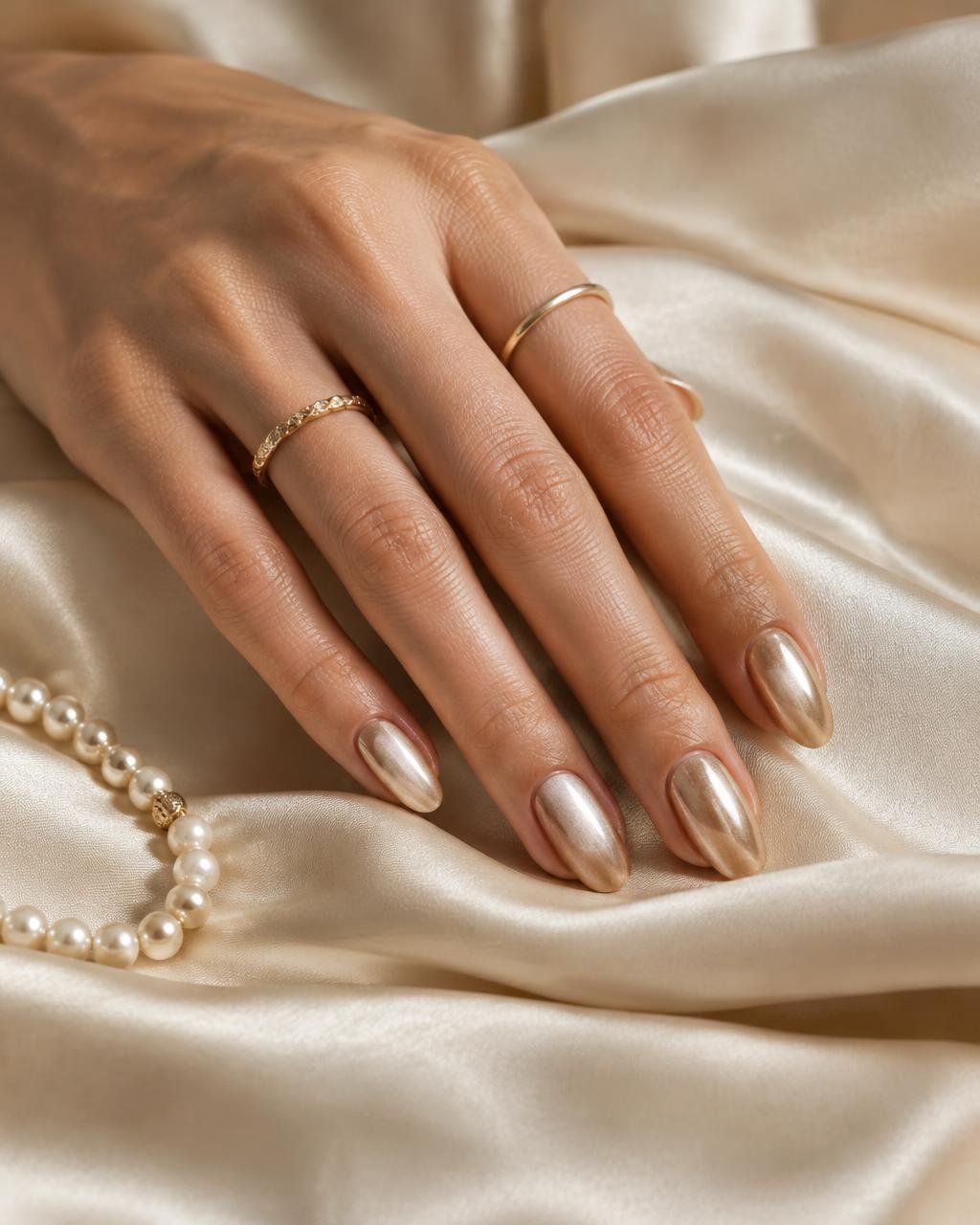 Champagne gold chrome oval nails with gold rings and pearls