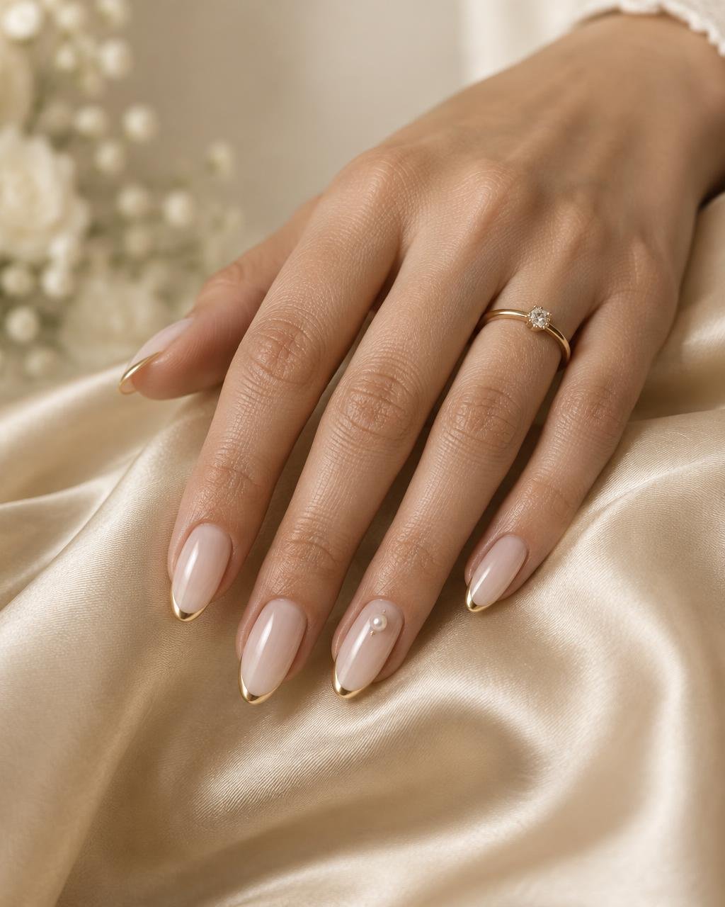Milky nude almond nails with gold micro French tips and a pearl accent